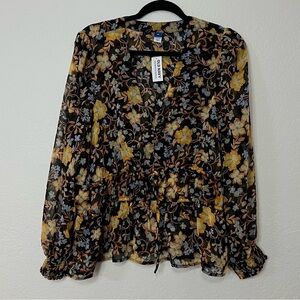 NWT Old Navy Puff Sleeve Sheer Yellow Floral Peasant Peplum Blouse Top‎ Shirt XL